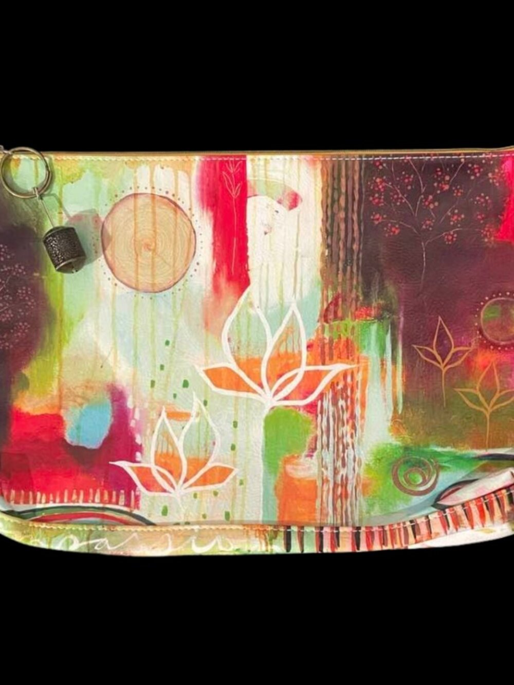 Rare Papaya Art Accessory Pouch Bohemian Abstract Floral Mixed Media Zipper Bag - Picture 2 of 10